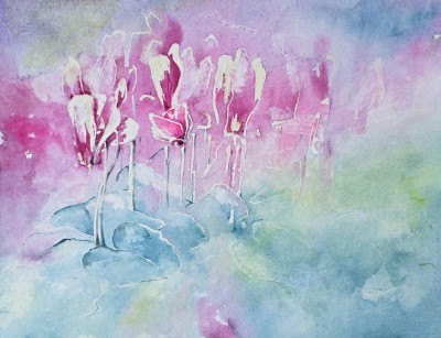 Aquarellbild von Alpenveilchen in zarten Rosa und Grüntönen